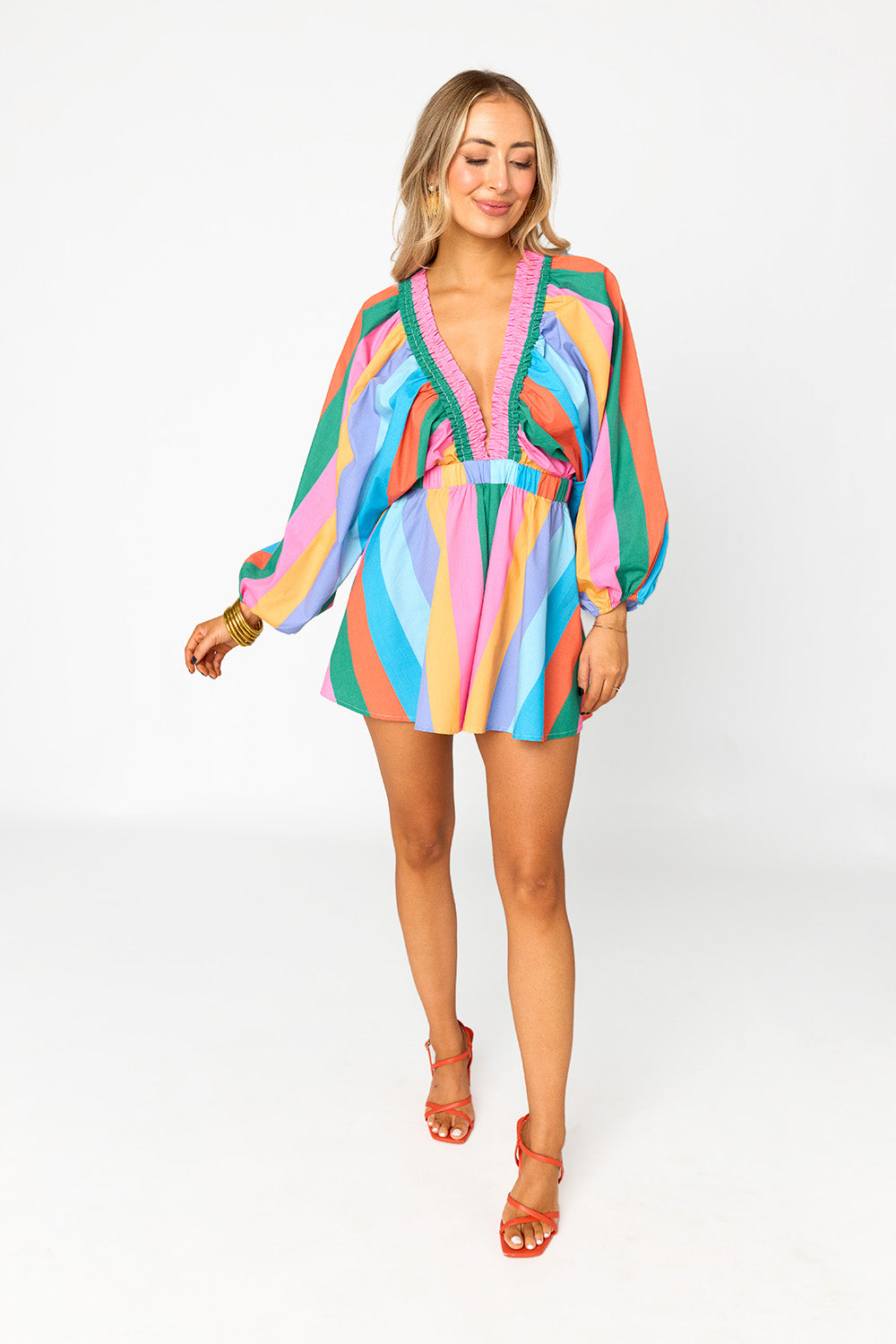 Buddy Love | Palm Beach Plunge Neck Romper - Jelly Beans
