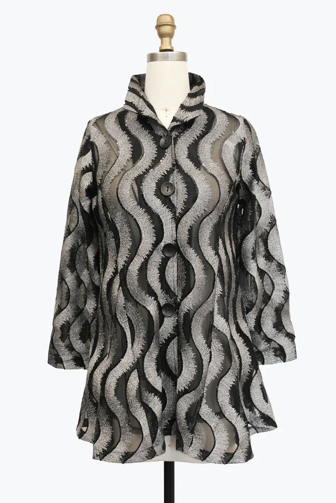Black and gray patterned coat on a mannequin against a white background