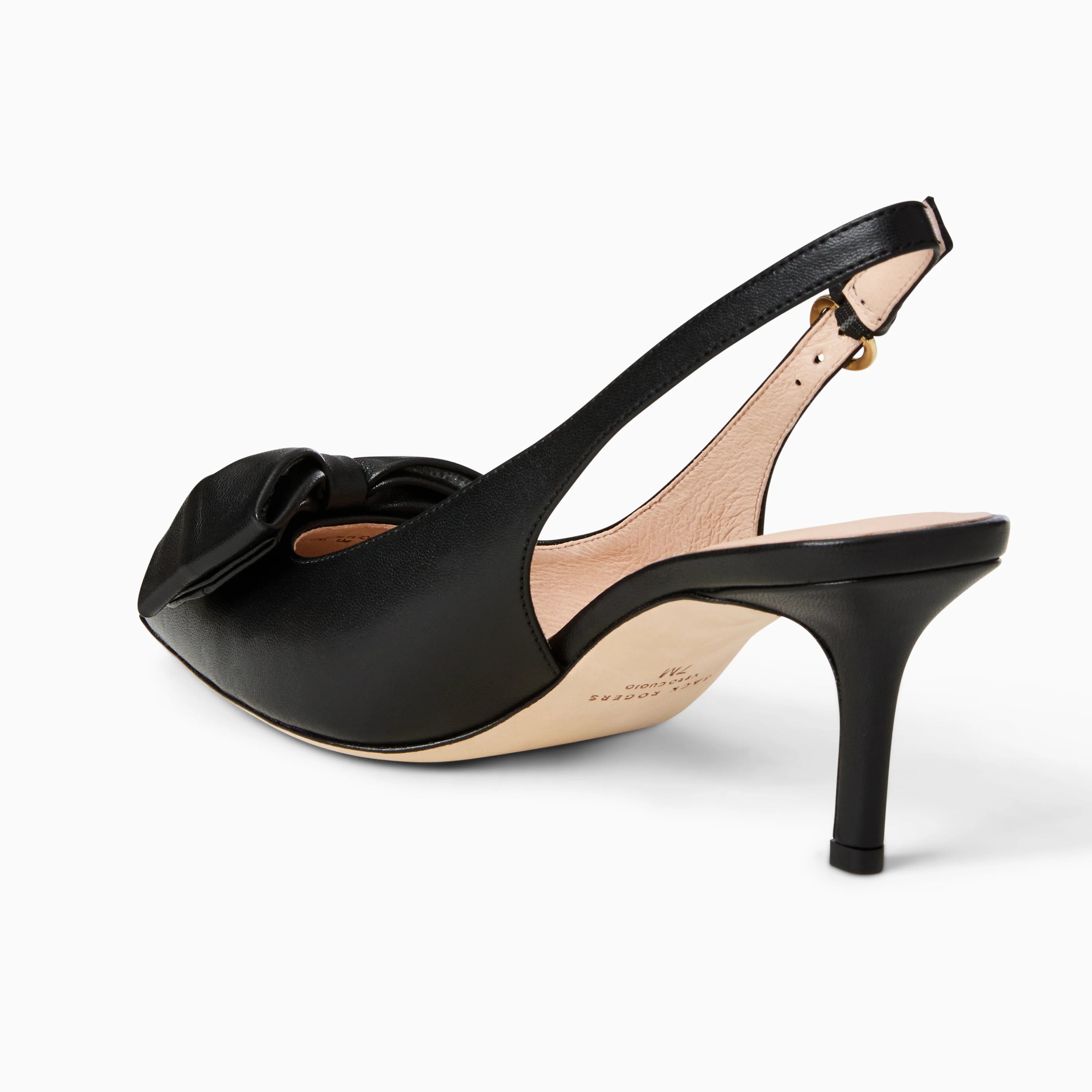Black high-heeled sandal with bow detail on a white background