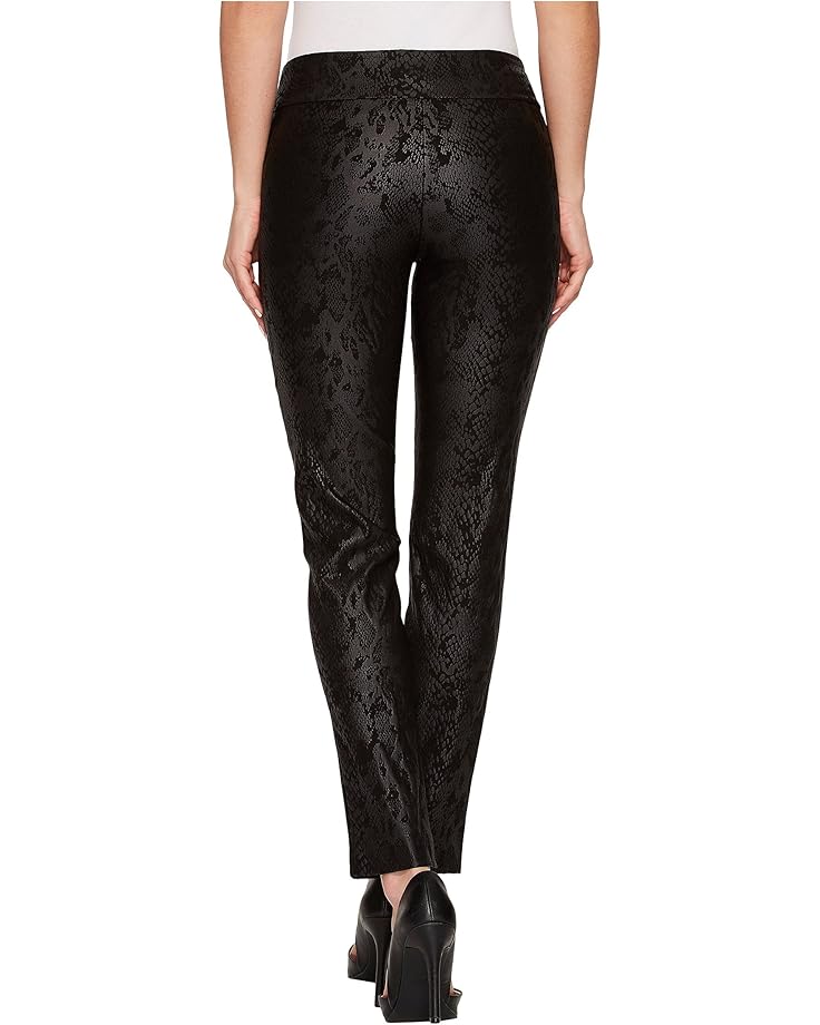 Black snake patterned pants worn by a person on a white background