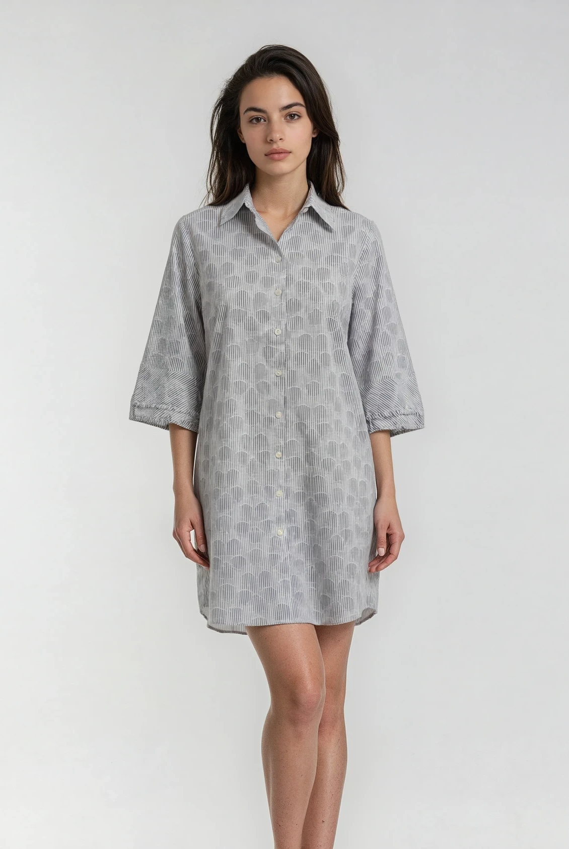 Woman Boho Chic Dress W/fringe Sleeve white and blue patterned shirt dress