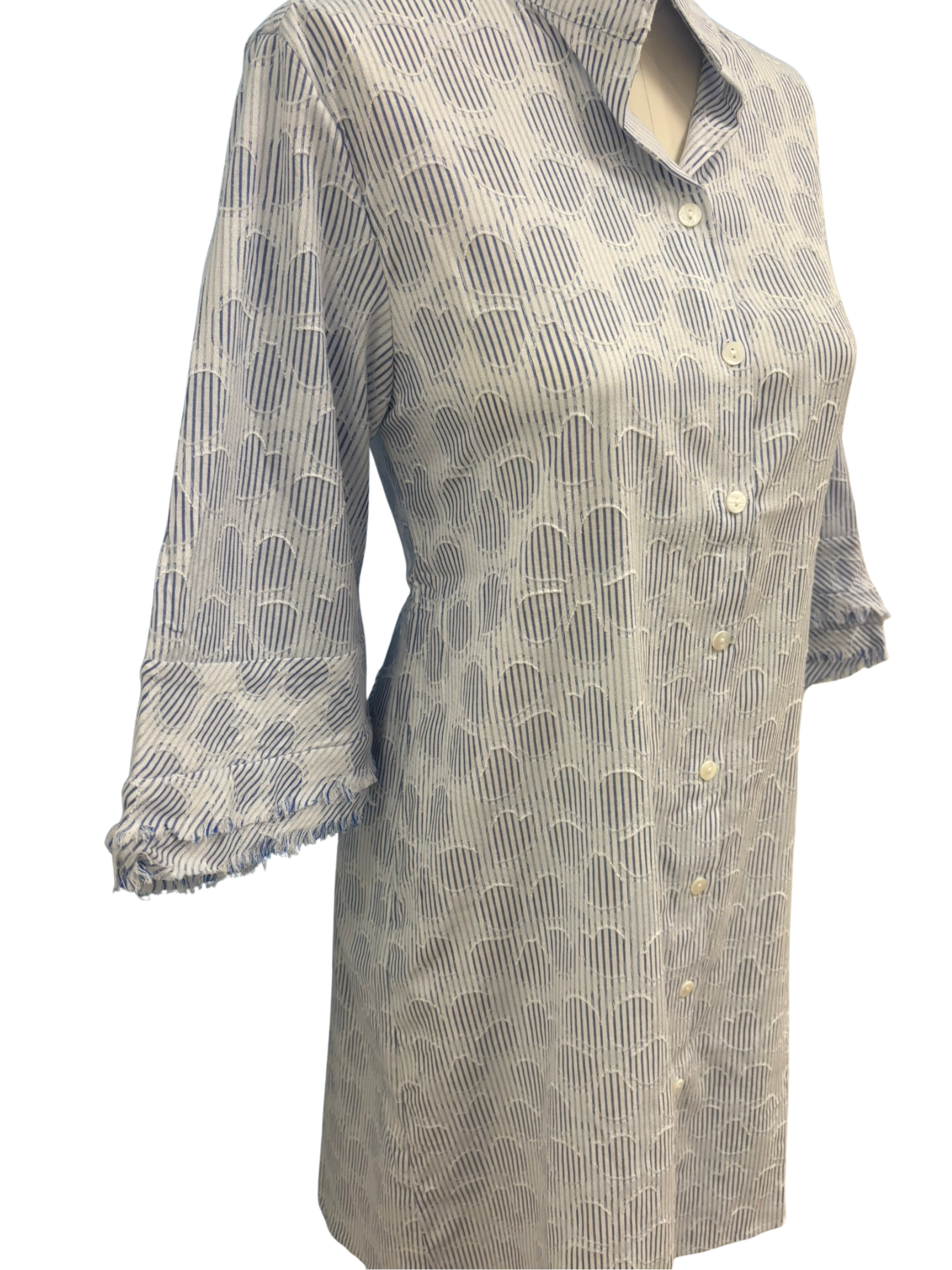 Woman Boho Chic Dress W/fringe Sleeve white and blue patterned shirt dress