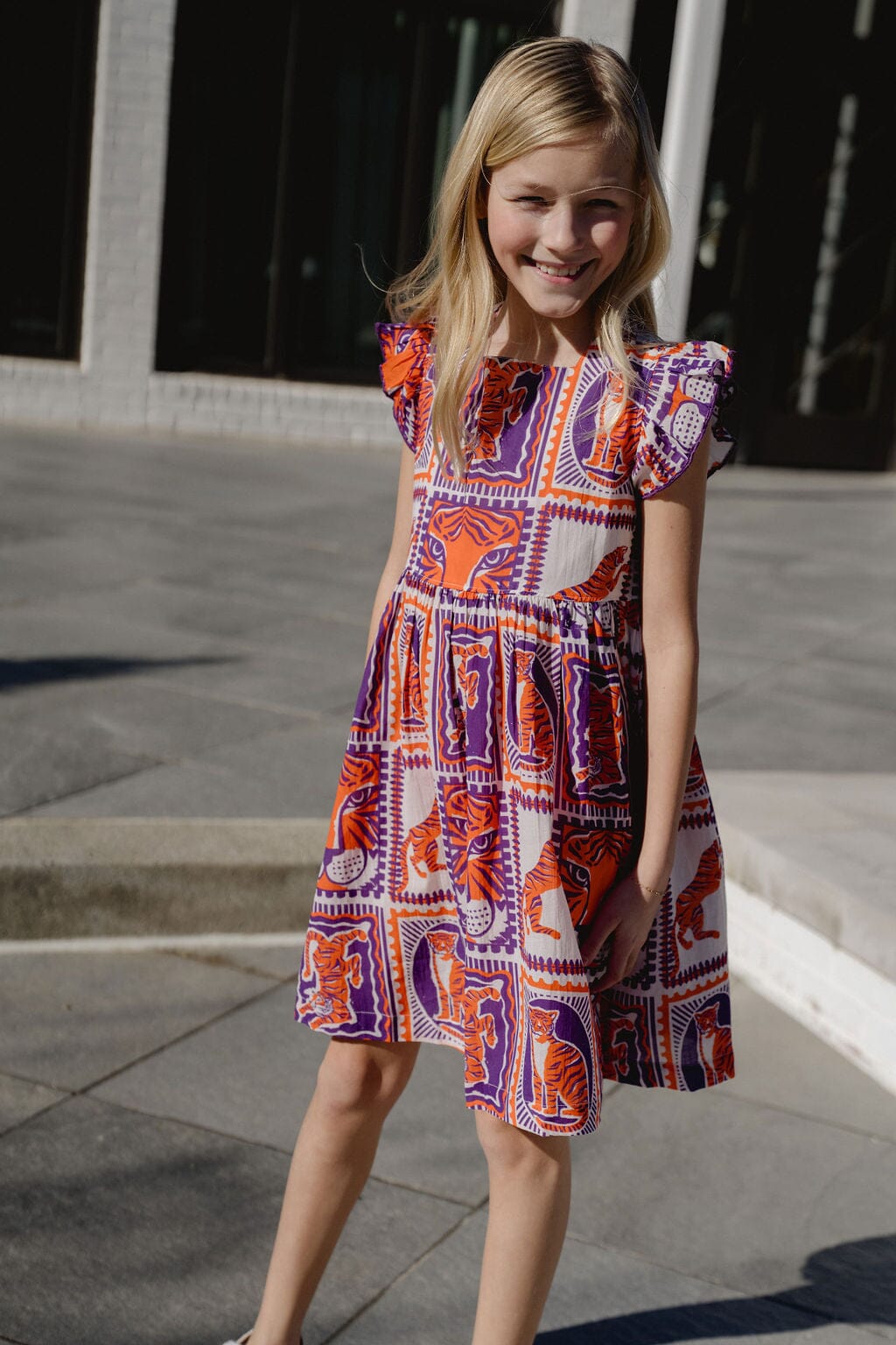 Briton Court | Girls Maya Tiger Game Day Dress | Orange & Purple