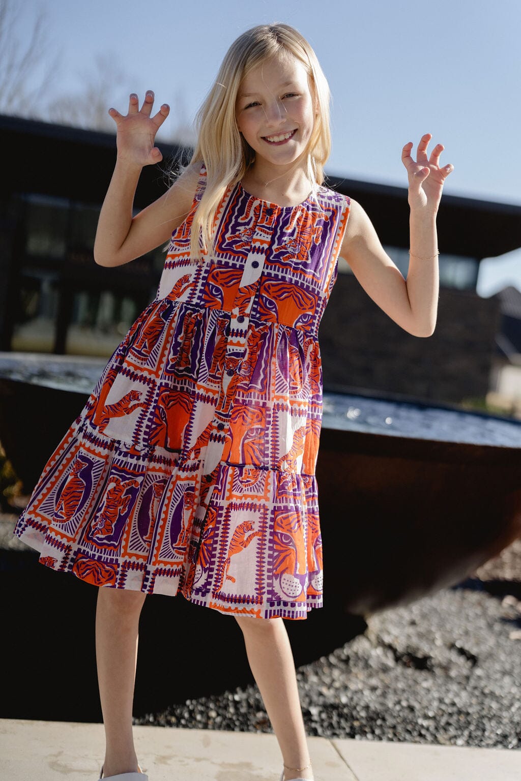 Briton Court | Girls Tiger Game Day Dress | Orange & Purple