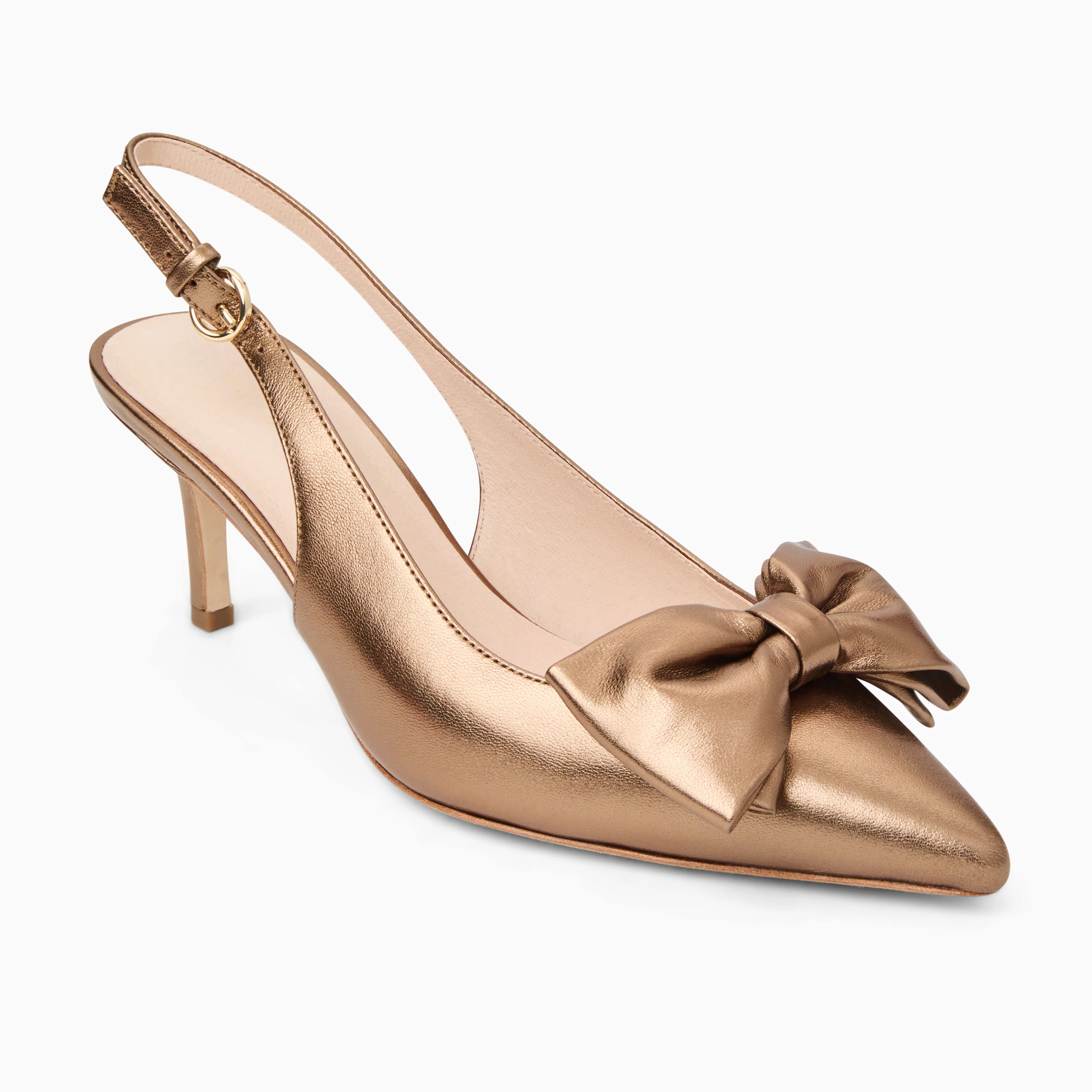 Bronze high-heeled shoe with a bow on a white background