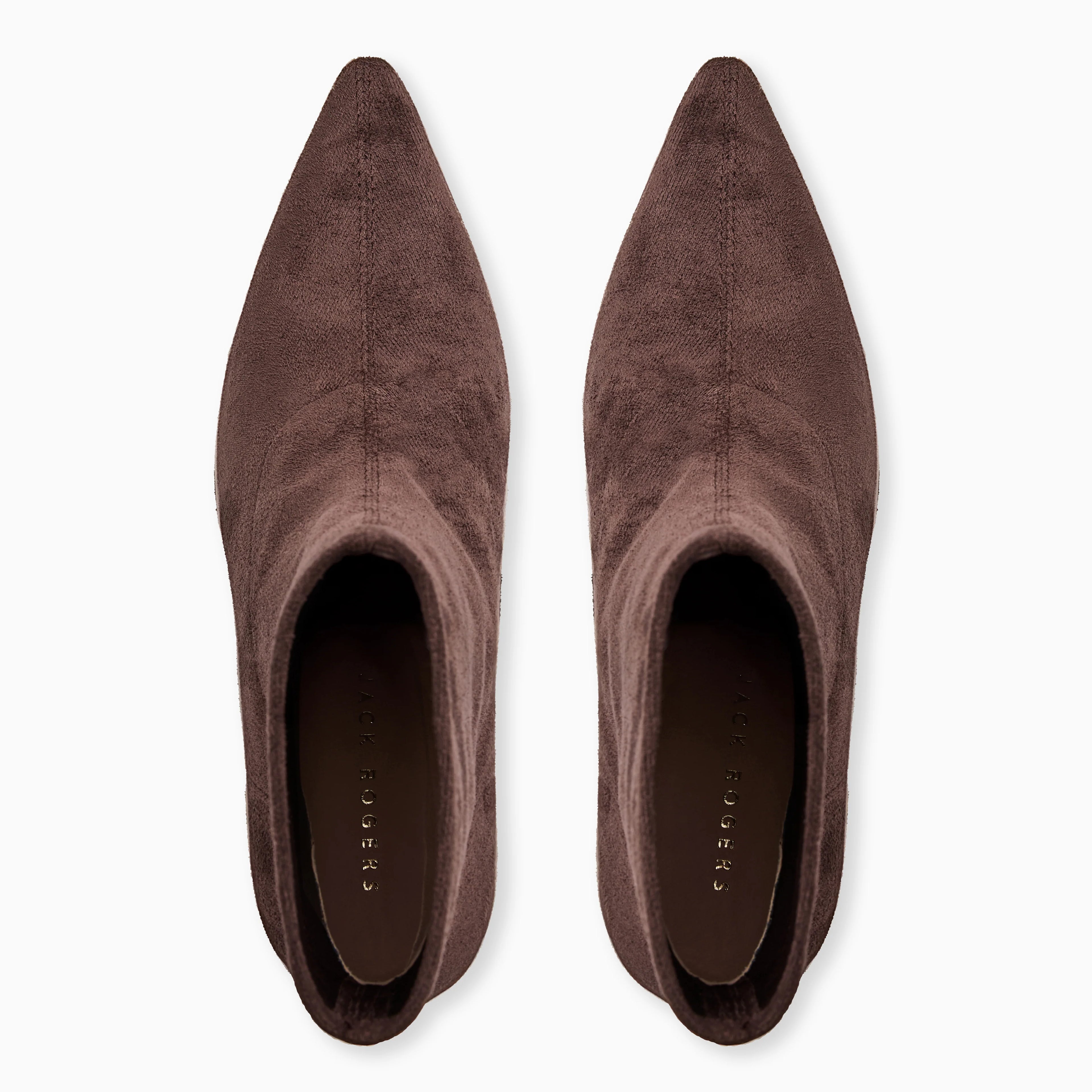 Pair of brown suede pointed-toe shoes on a white background