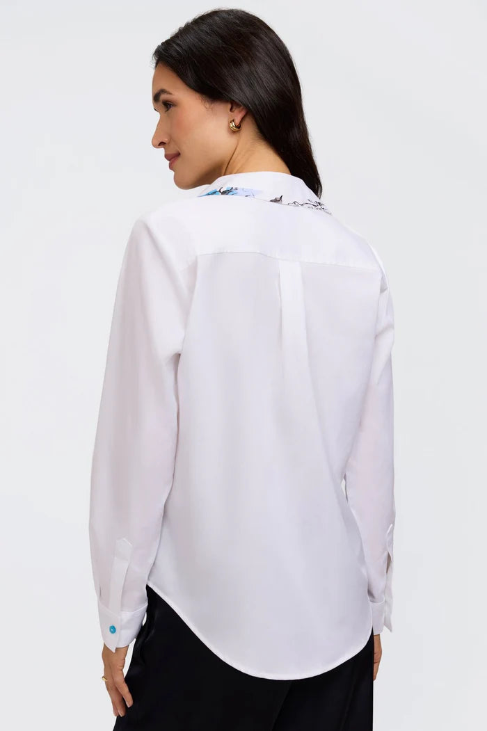 Woman button up white blouse with colorful buttons