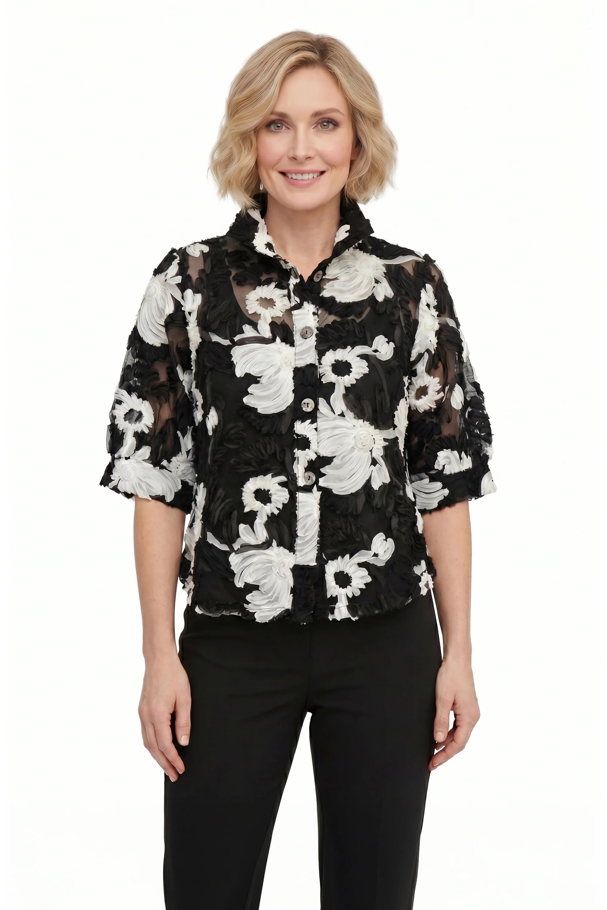 DAMEE 7125-BLACK 3D FLOWER BLOUSE