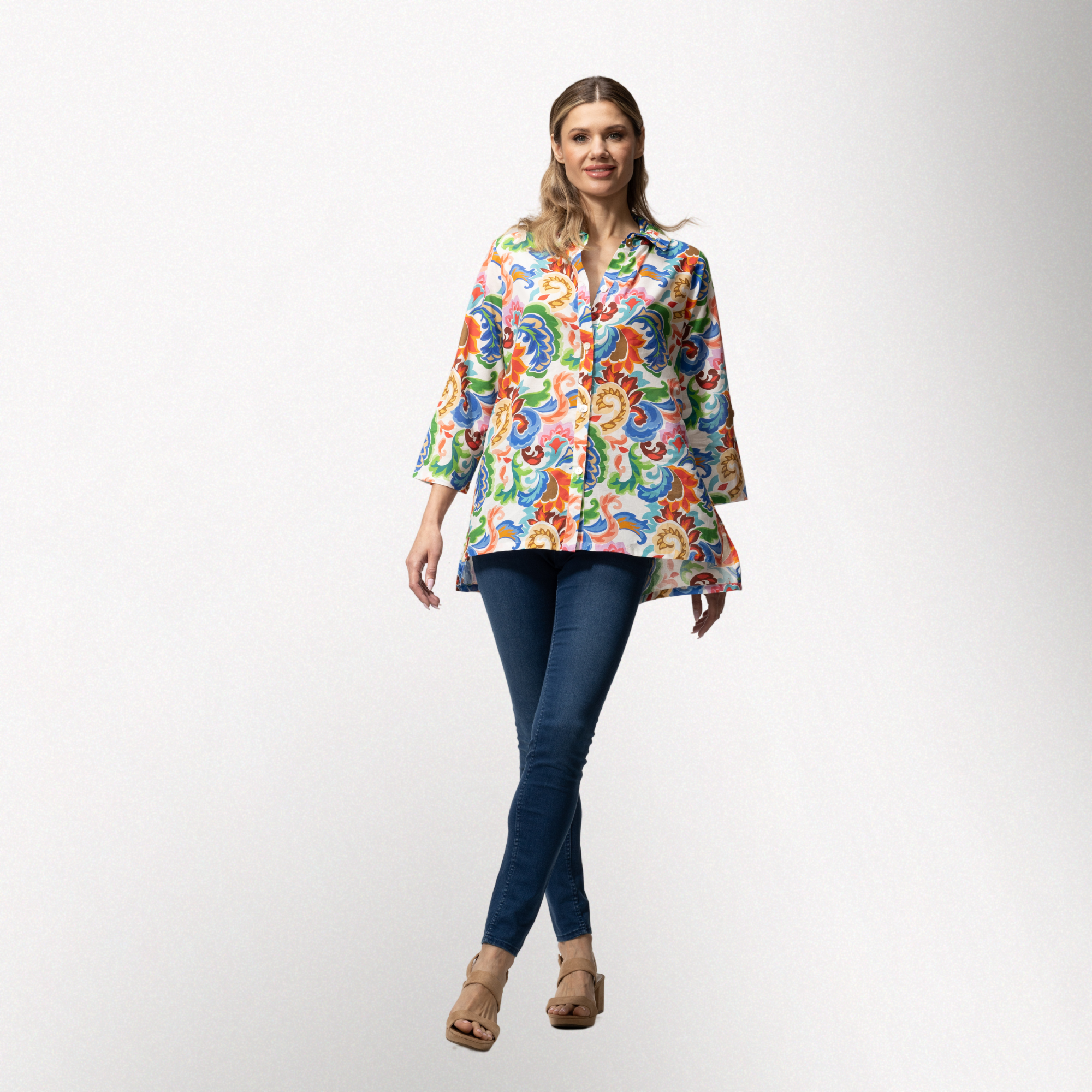 Toofan | Moroccan Tile Print Wire Collar Button Down Cotton Shirt