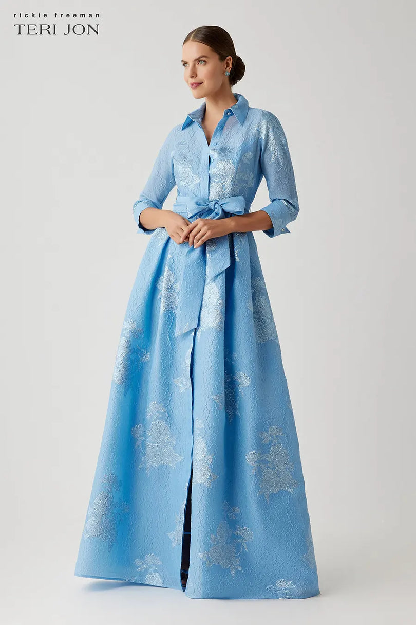 Teri Jon By Rickie Freeman Women's Metallic Jacquard Shirt Waist Gown - Blue - Size 8