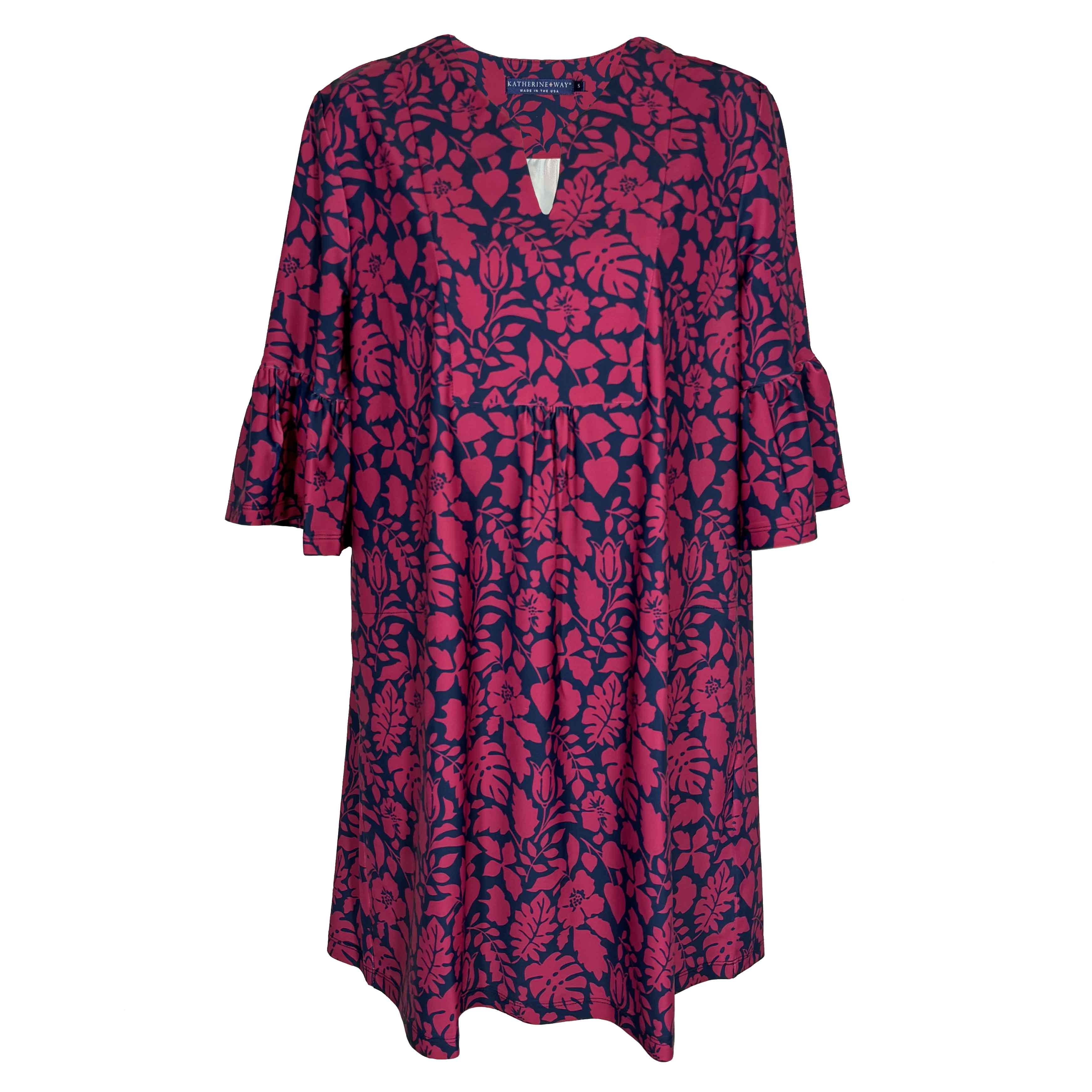 Katherine Way | Greenwich Tunic Dress in Tossed Leaves Navy and Cranberry