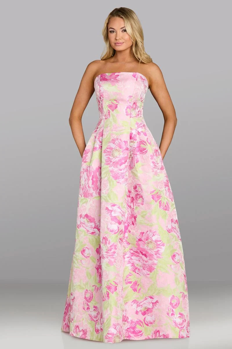 Pink & Green Strapless Floral A-Line Gown Gia Franco Feriani Couture - 18644