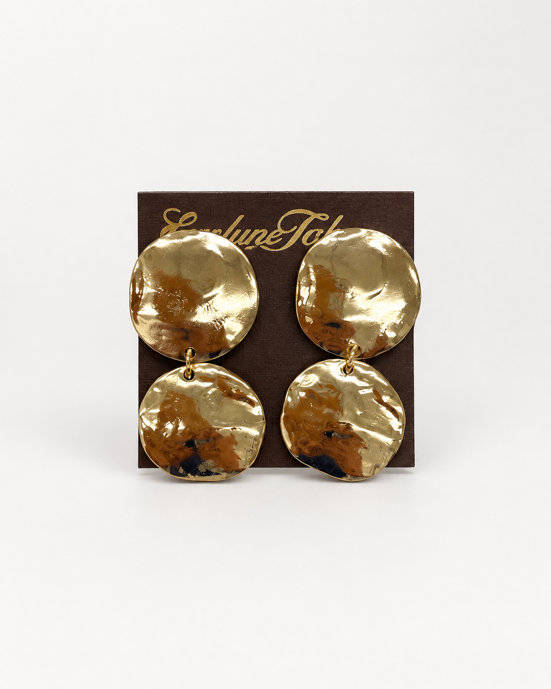 Gold Hammered Clip-on Earring pair of chunky gold disc drop earrings with a hammered texture.