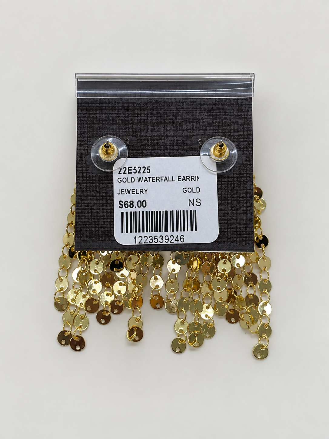 A pair of gold-toned dangling earrings with layered sequins and beads, Gold Waterfall Earring