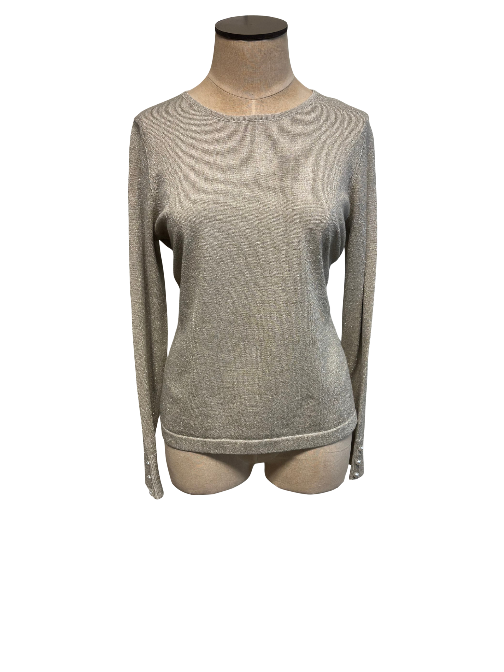 The H Edition | Long Sleeve Gold Shimmer Crew Neck with Pearl Buttons on the Cuffs