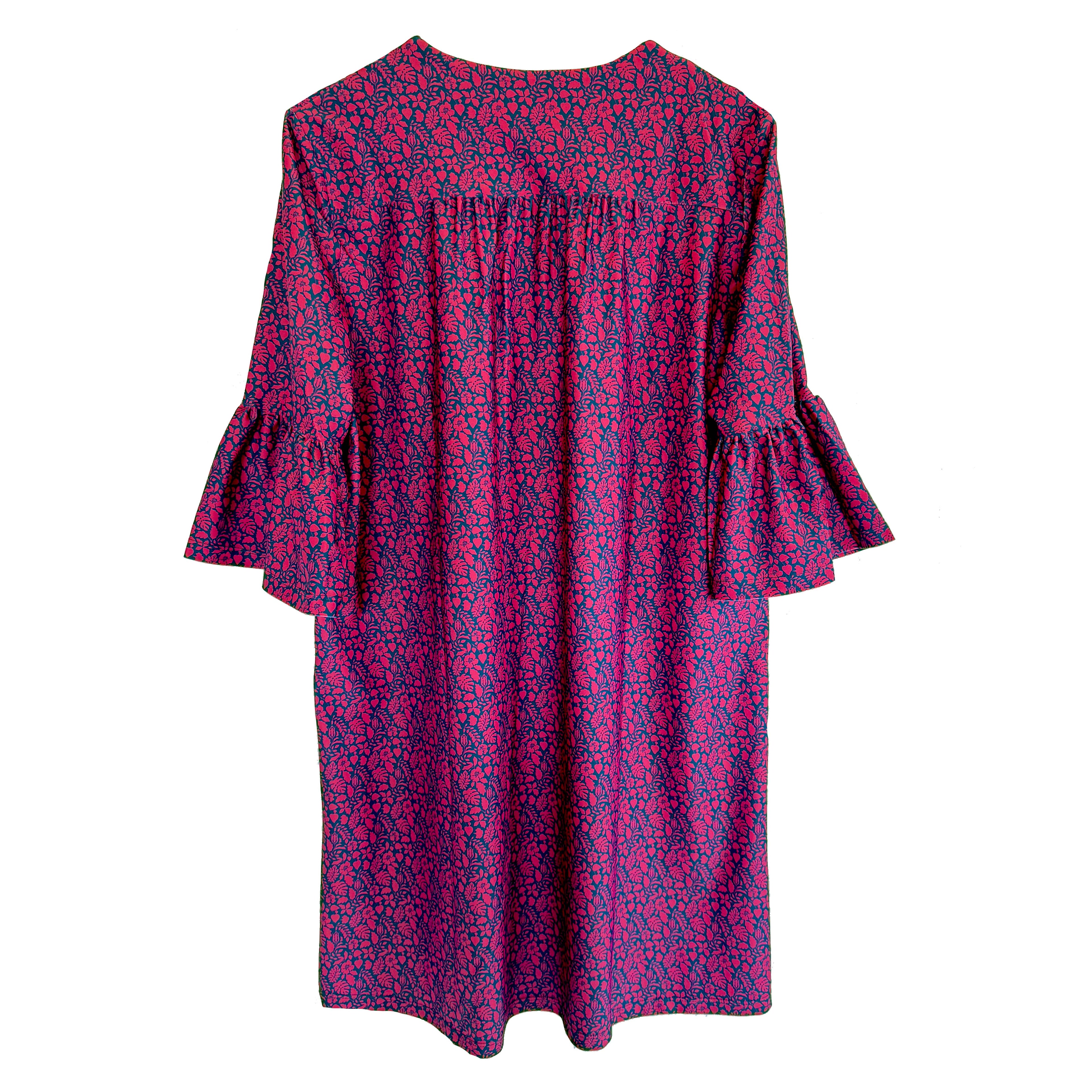 Katherine Way | Greenwich Tunic Dress in Ditsy Tossed Leaves Navy and Cranberry
