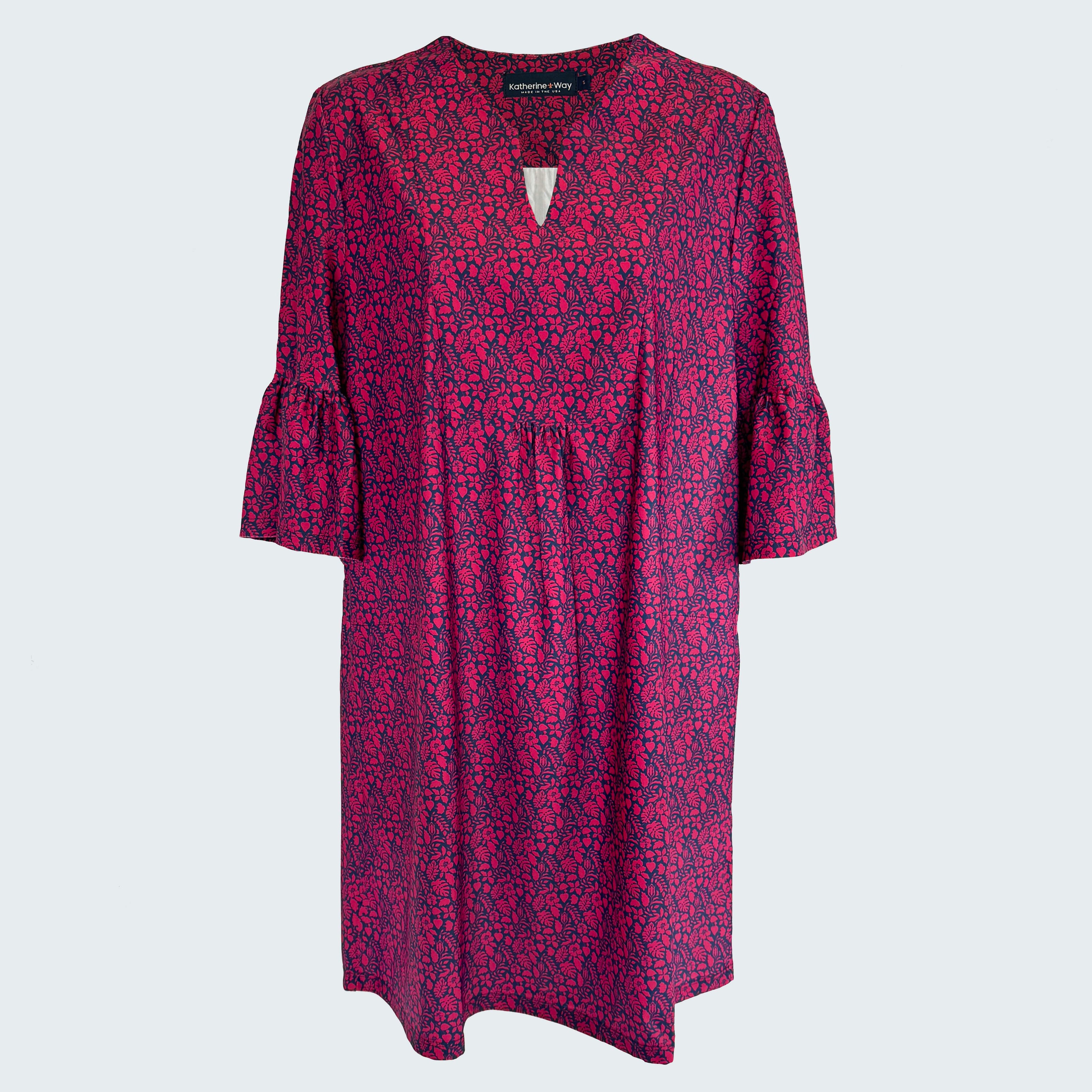 Katherine Way | Greenwich Tunic Dress in Ditsy Tossed Leaves Navy and Cranberry