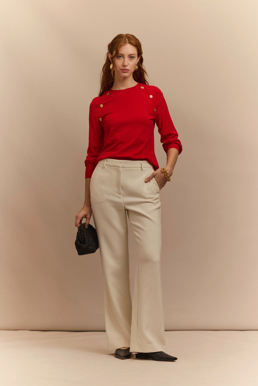 The H Edition | Red Sweater with Gold Buttons down Raglan Sleeve