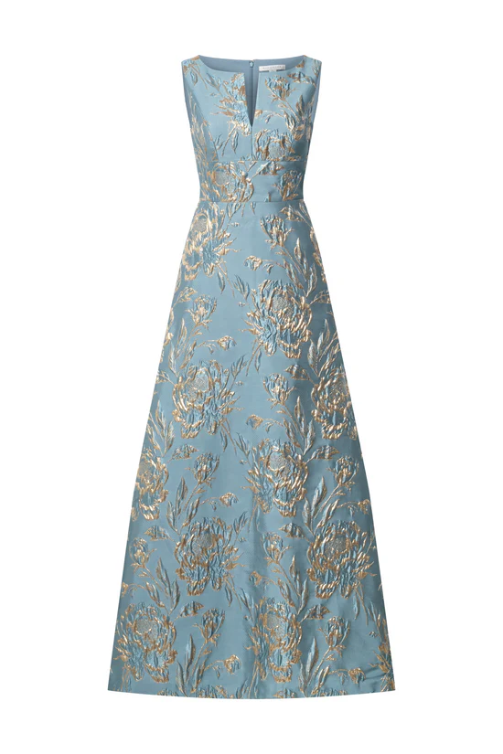 Blue floral embroidered dress on a white background