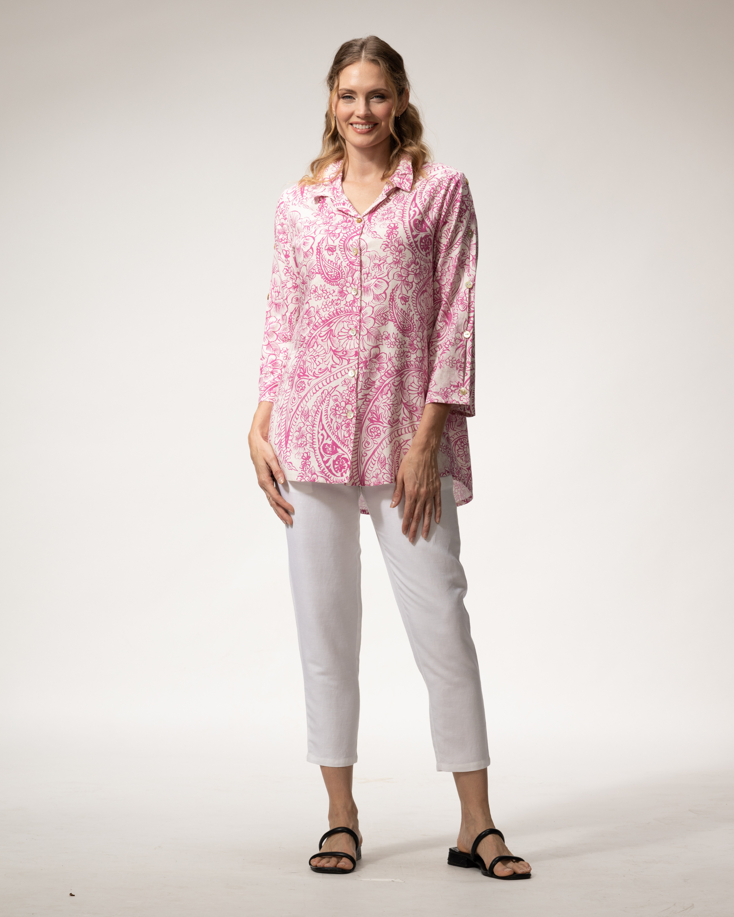Toofan | Linen Top Print - Pink / White