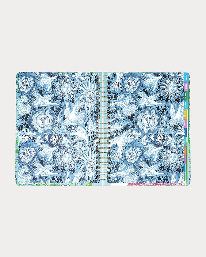Lilly Pulitzer 2026-2027 17 Month Jumbo Agenda Spiral-bound planner with a decorative cover featuring sea shells and fish in the Color Day Dream Blue Throw Me A Line