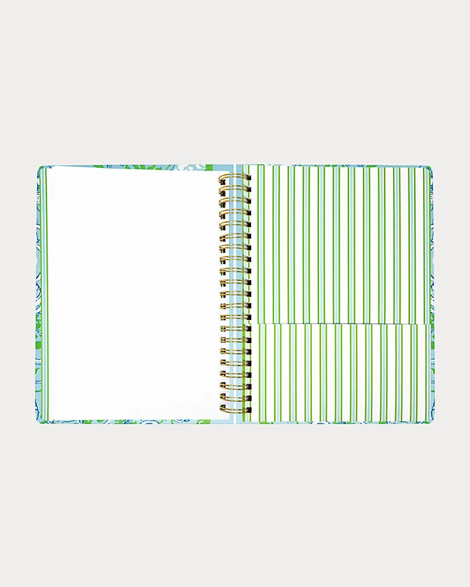 Lilly Pulitzer 2026-2027 17 Month Jumbo Agenda Spiral-bound planner with a decorative cover featuring sea shells and fish in the Color Day Dream Blue Throw Me A Line