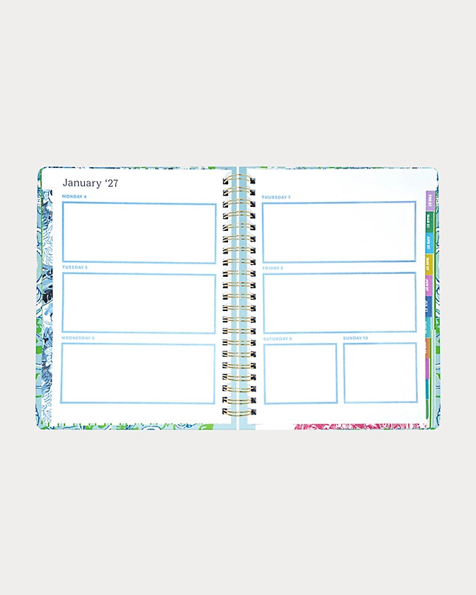 Lilly Pulitzer 2026-2027 17 Month Jumbo Agenda Spiral-bound planner with a decorative cover featuring sea shells and fish in the Color Day Dream Blue Throw Me A Line