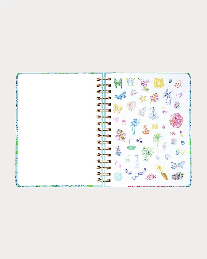 Lilly Pulitzer 2026-2027 17 Month Jumbo Agenda Spiral-bound planner with a decorative cover featuring sea shells and fish in the Color Day Dream Blue Throw Me A Line