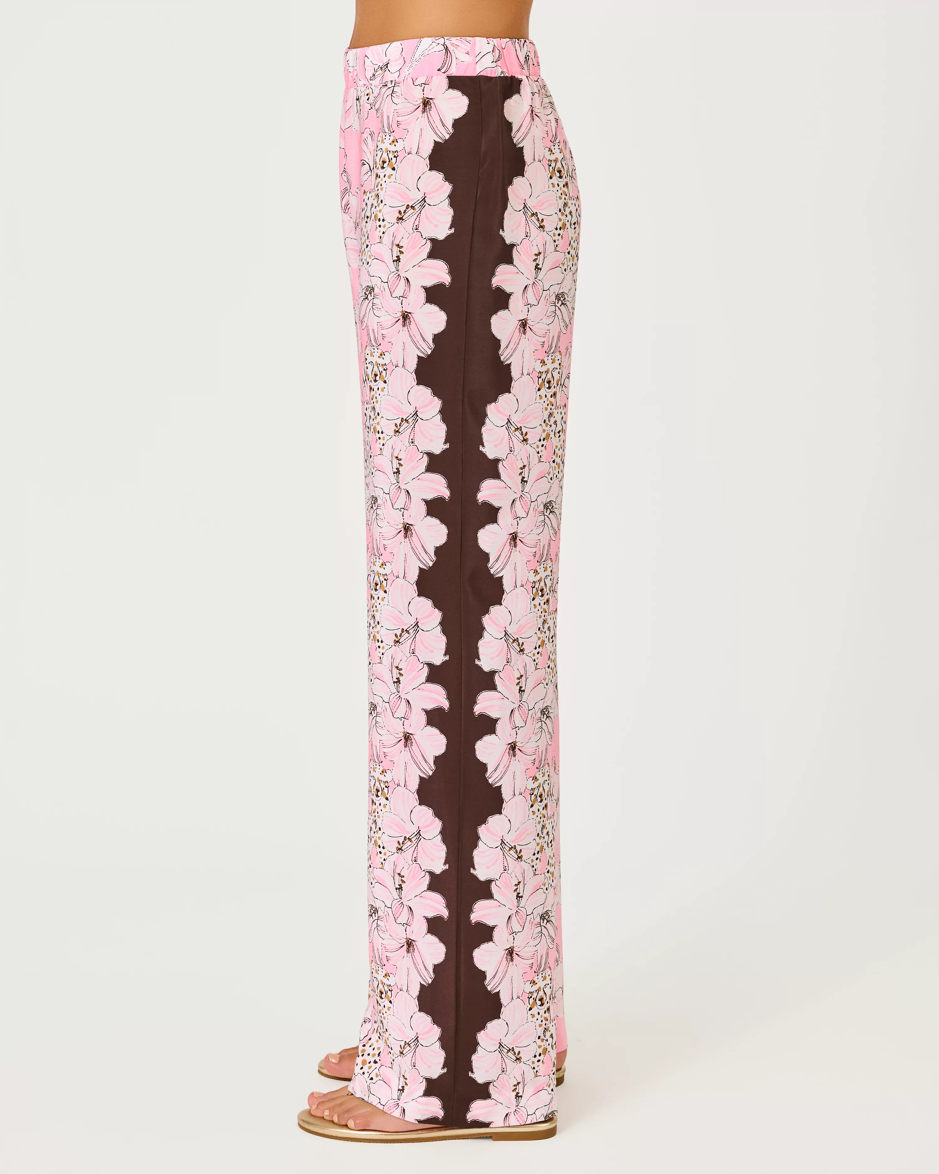 Lilly Pulitzer 32" Vianna Silk Palazzo Pant in Coco Beach Wildness Engineered Pant pink wide-leg pants with a floral print and dark brown side panels