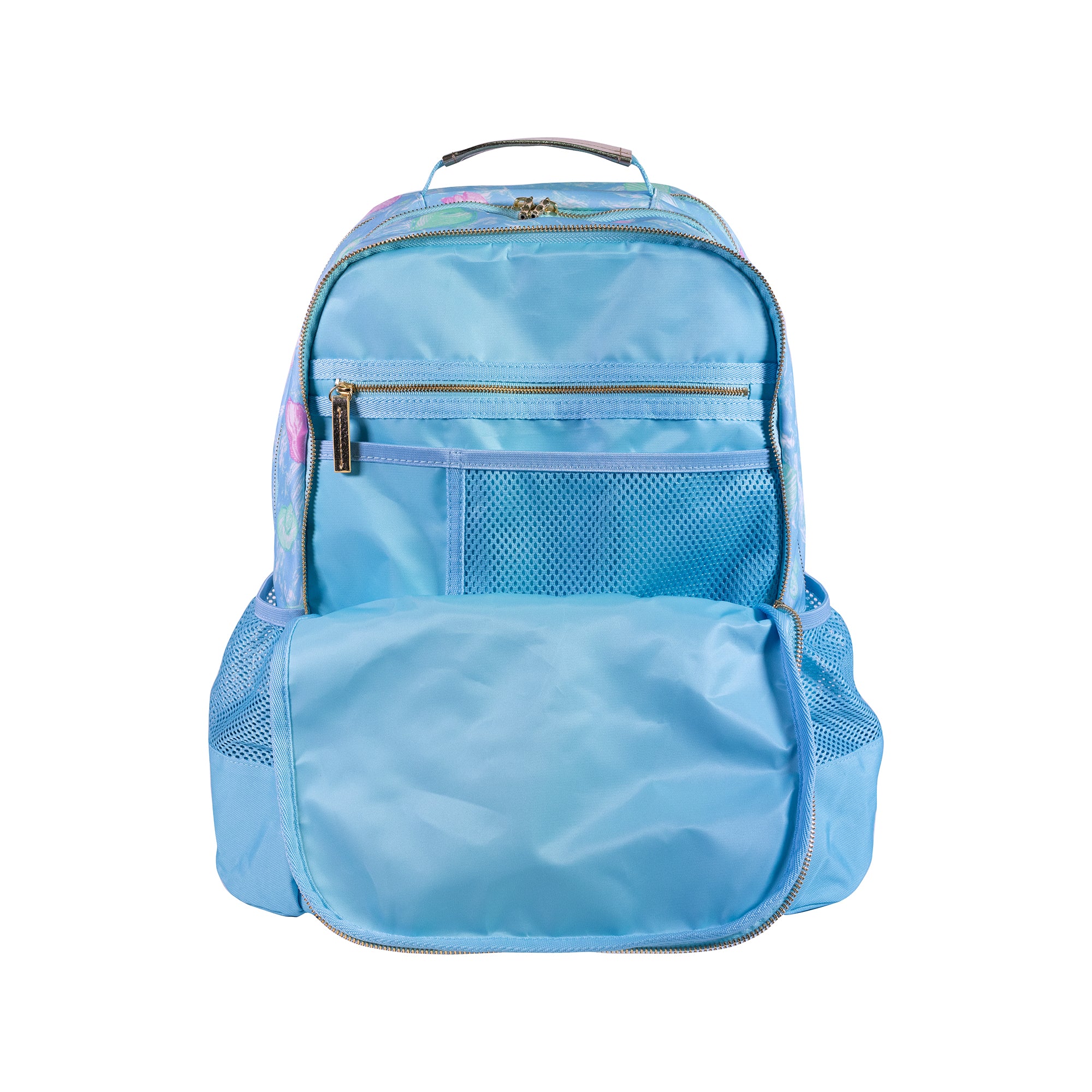 Lilly Pulitzer Book Bag in Capri Blue Shelden Blue backpack with pink and green shell pattern