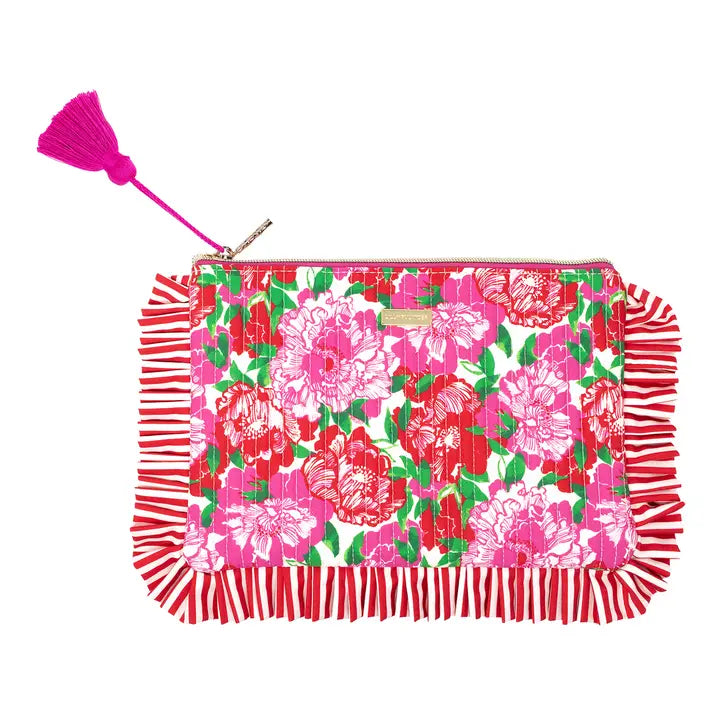 Lilly Pulitzer Quilted Ruffle Pouch, Maggies Bouquet a rectangular zip pouch with a vibrant pink, red, and green floral print, finished with red and white striped fringe trim on the edges and a bright pink tassel zipper pull.