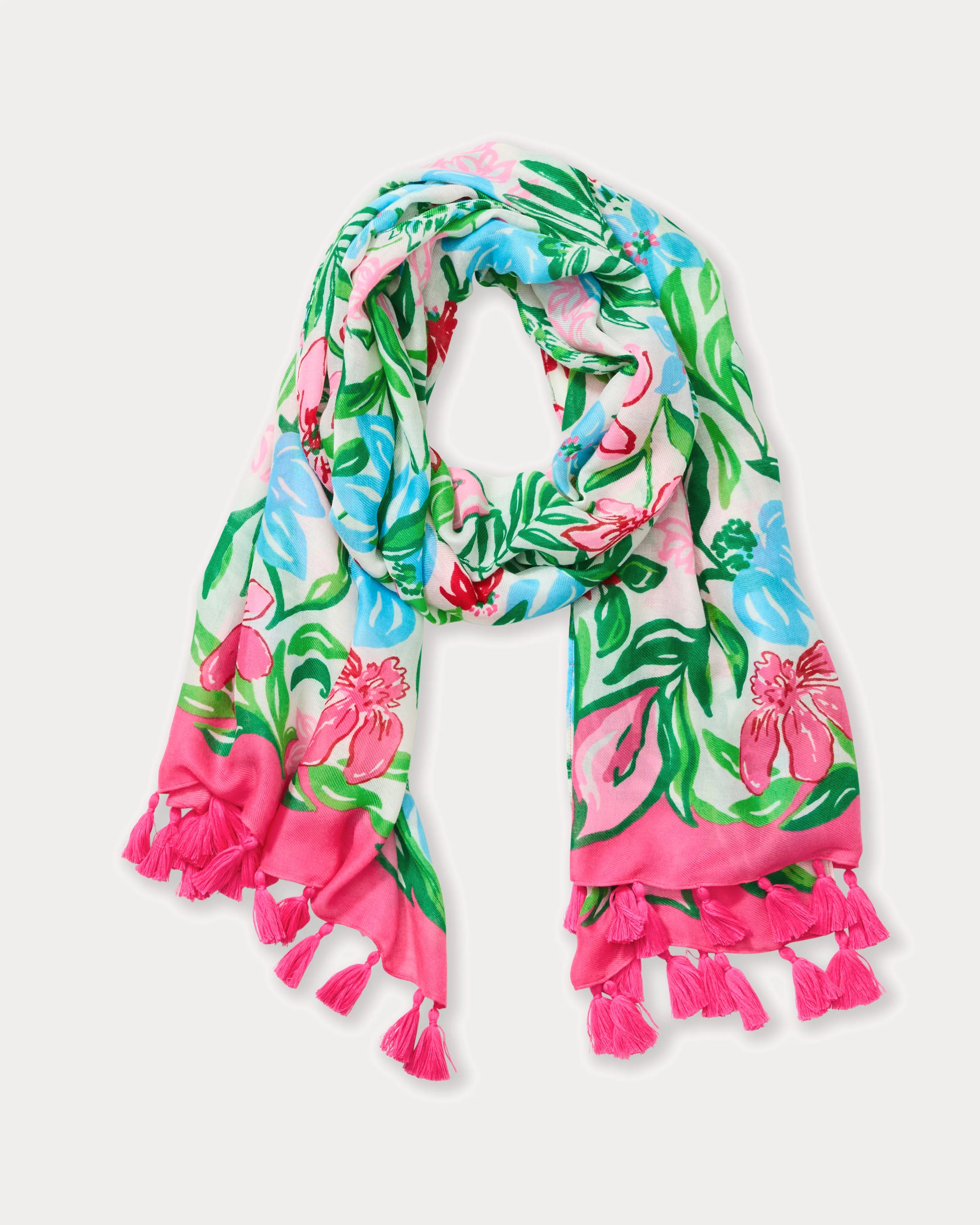 Colorful floral scarf with tassels on a white background