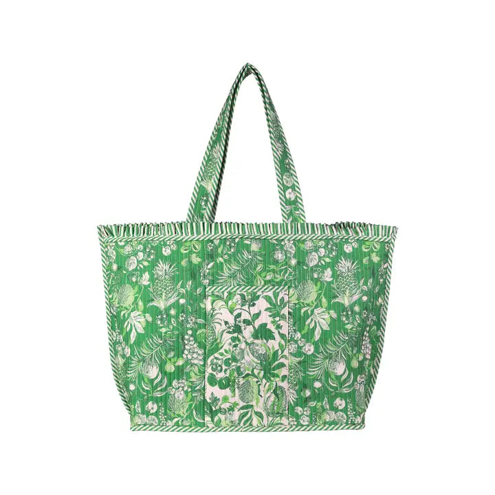 Lilly Pulitzer Reversible Quilted Ruffle Tote, Covent Garden green and white tropical botanical print tote bag with ruffled trim and long shoulder straps.