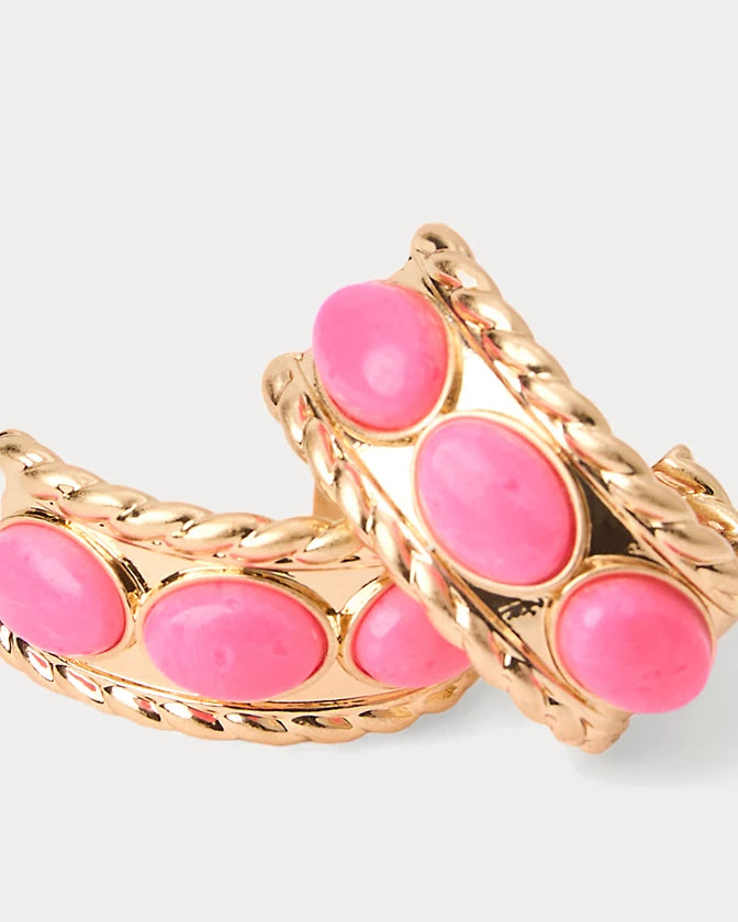 Pair of Lilly Pulitzer Sunshine Grove Hoop Earring_cherry blossom pink-sf pink hoop earrings with gold accents on a light gray background