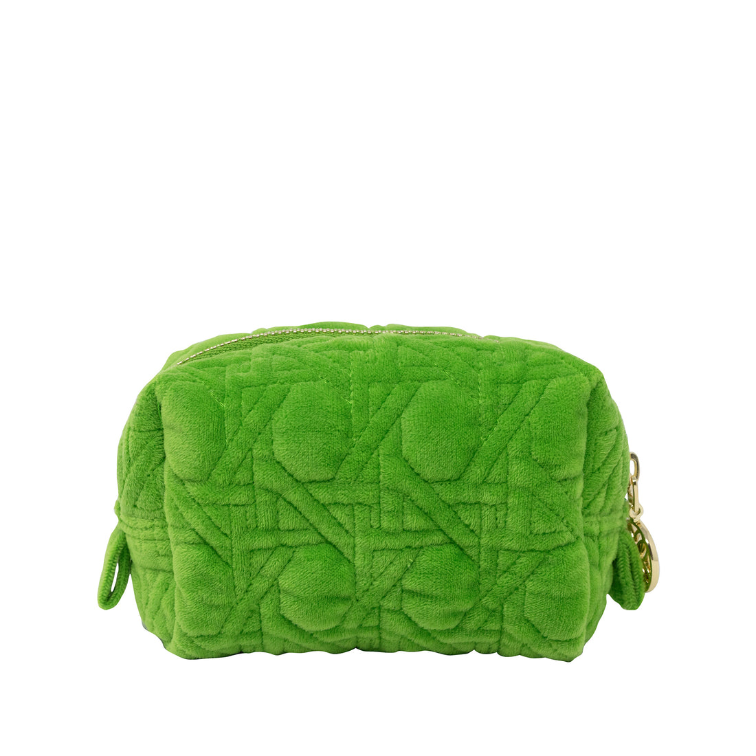Green quilted pouch with a gold zipper on a white background