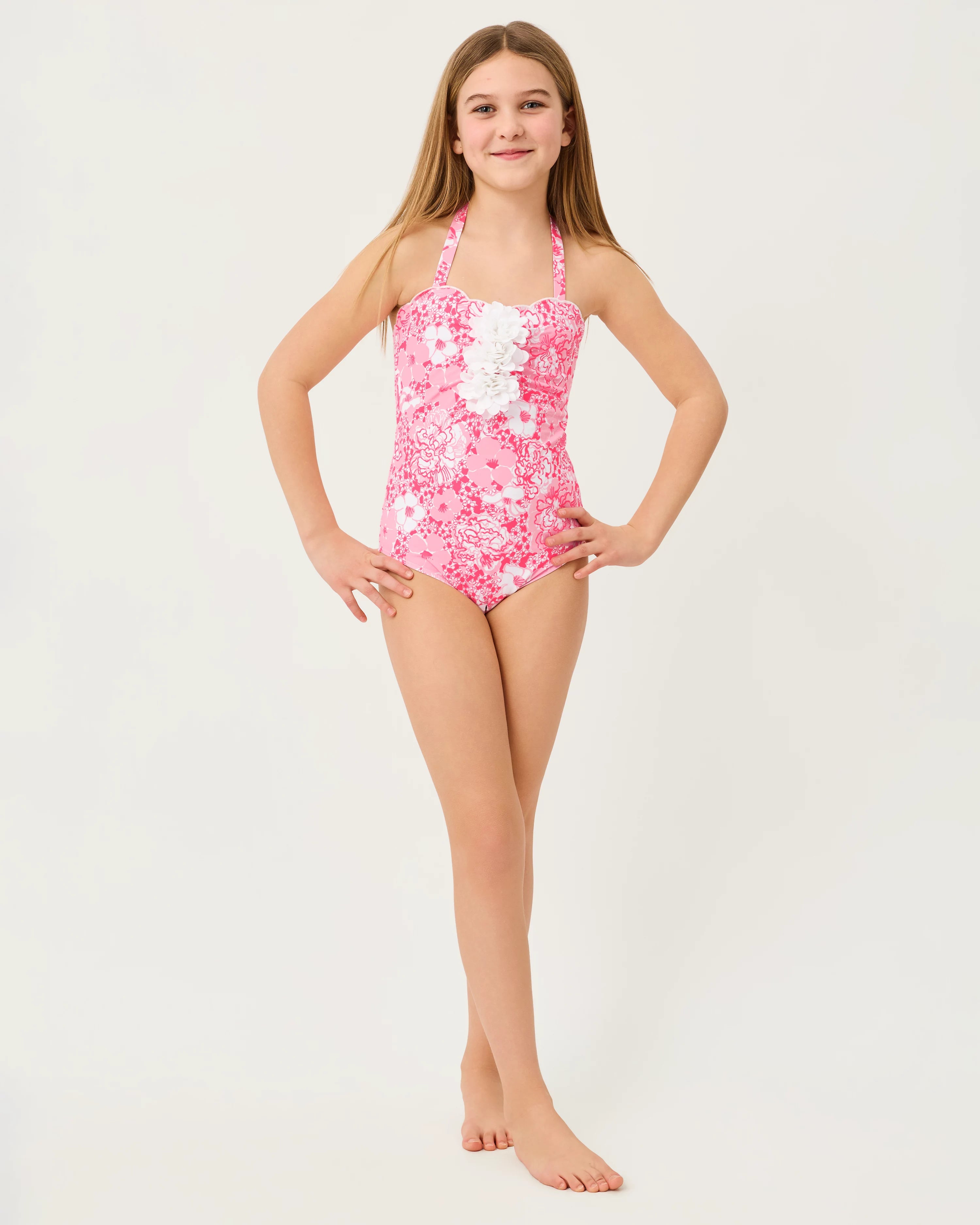Young girl Lilly Pulitzer x Janie and Jack Girls Maddie Flower Swimsuit pink floral swimsuit