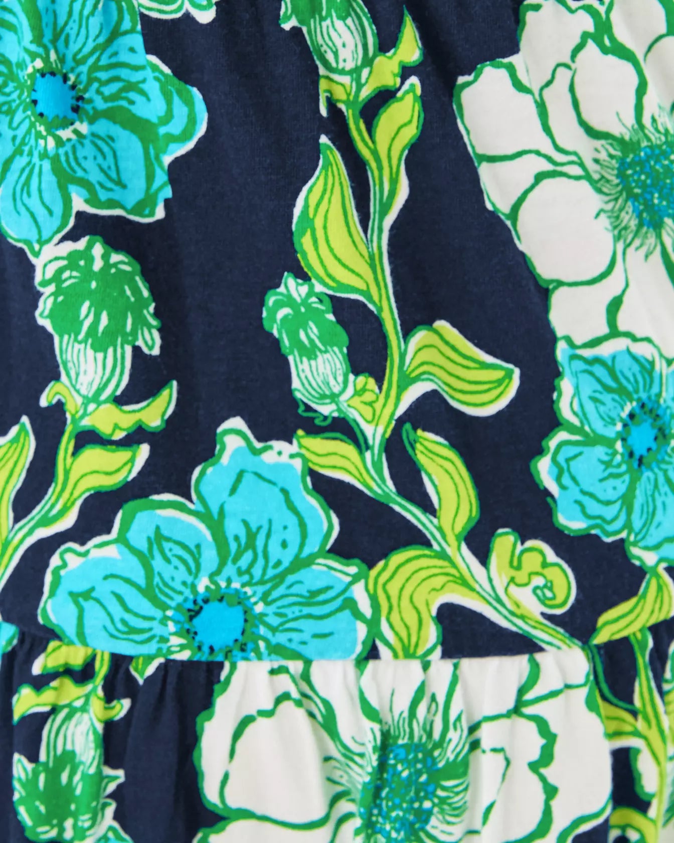 Close-up of a floral pattern with blue, green, and white flowers on a dark background.