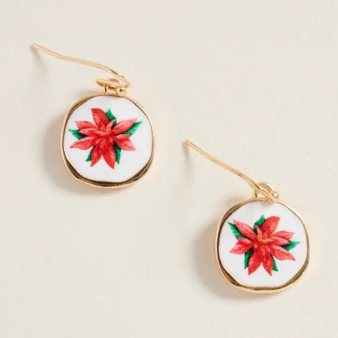 Pair of earrings with red floral design on a beige background