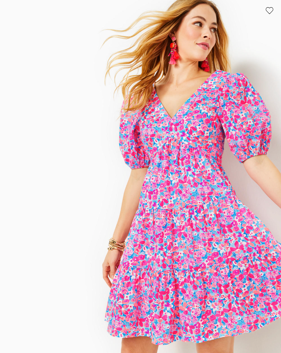 Lulu-B Pink & Blue Island Theme Dress with Half Sleeves & V Neck