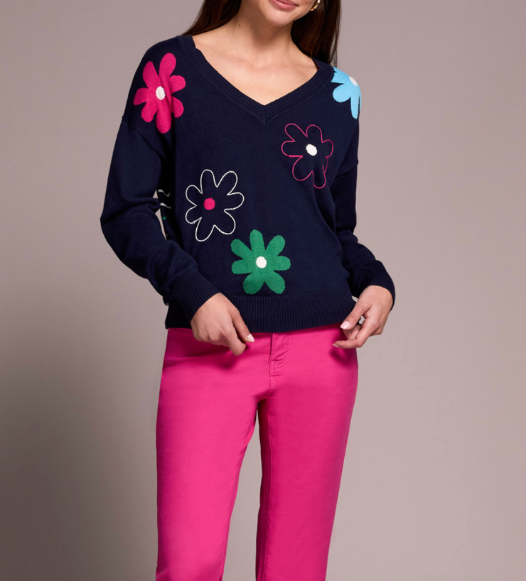 Tribal | V-neck Jacquard/embroidered sweater - Nightfall