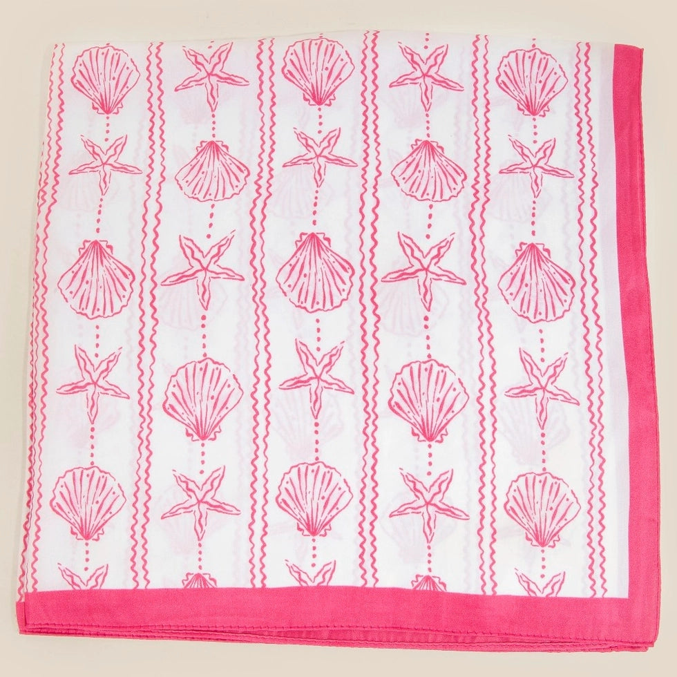 White Sealife Seashells and Starfish Bandana Scarf with pink shell patterns