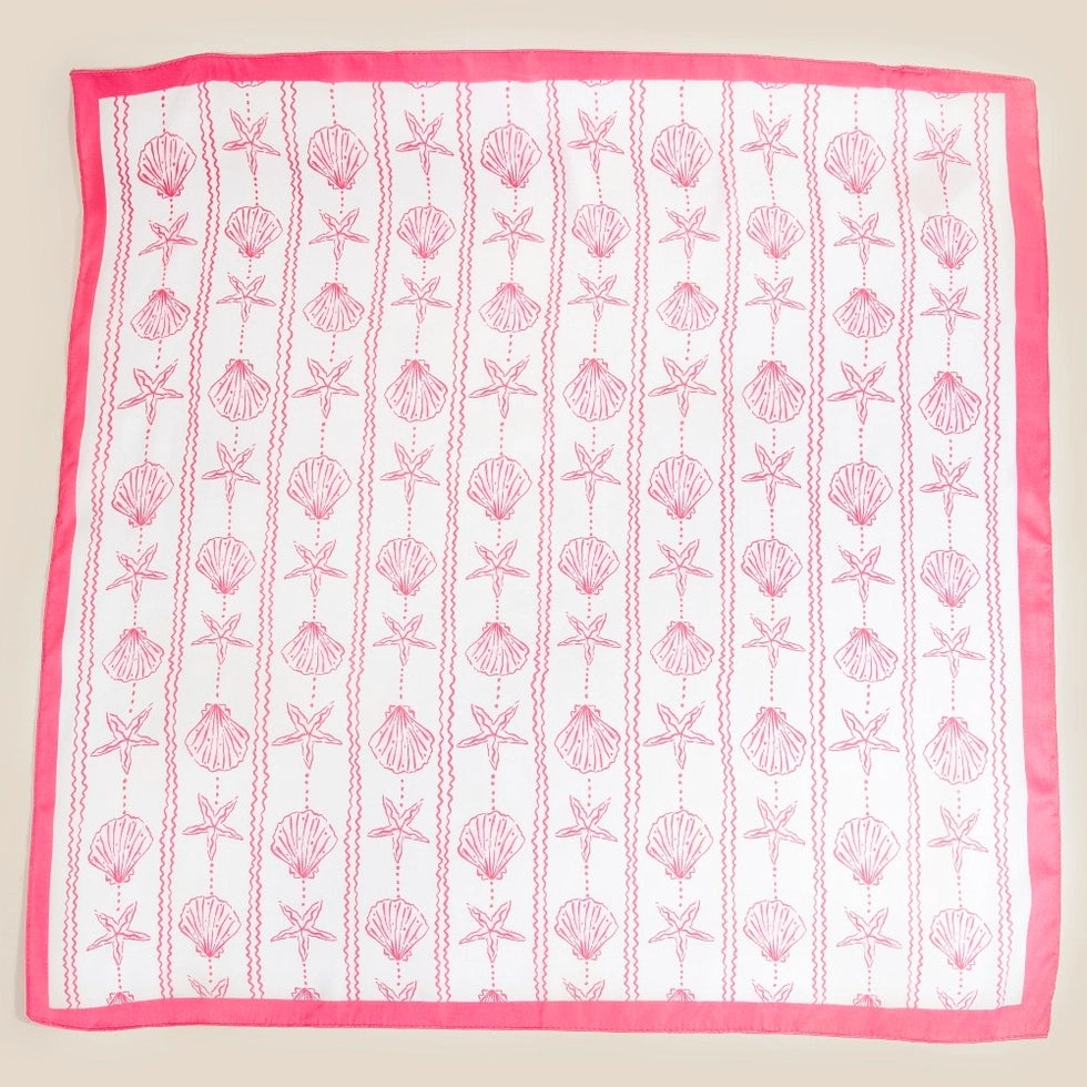 White Sealife Seashells and Starfish Bandana Scarf with pink shell patterns
