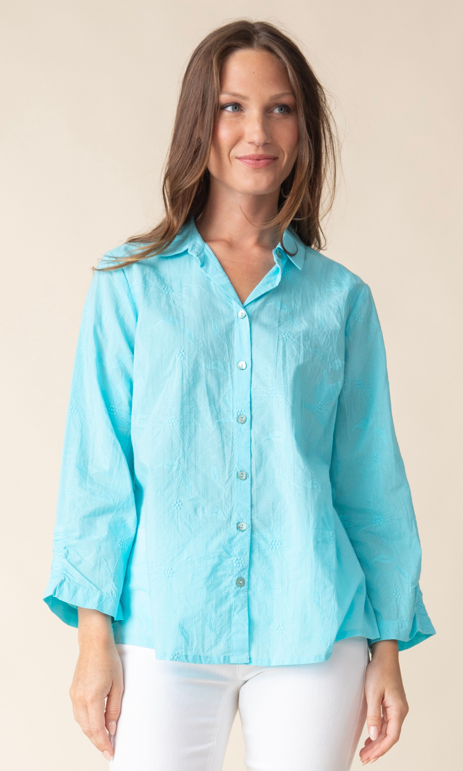 Habitat | Floral Embroidery Ruched Sleeve Shirt