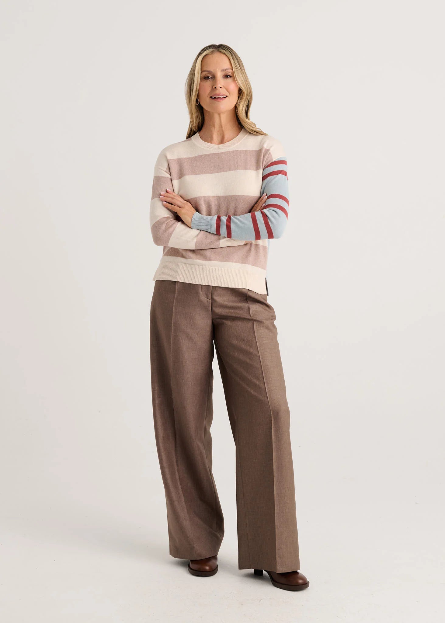 A woman modeling a striped long-sleeve knit sweater Zaket & Plover Bold Stripe Sweater Waxpaper
