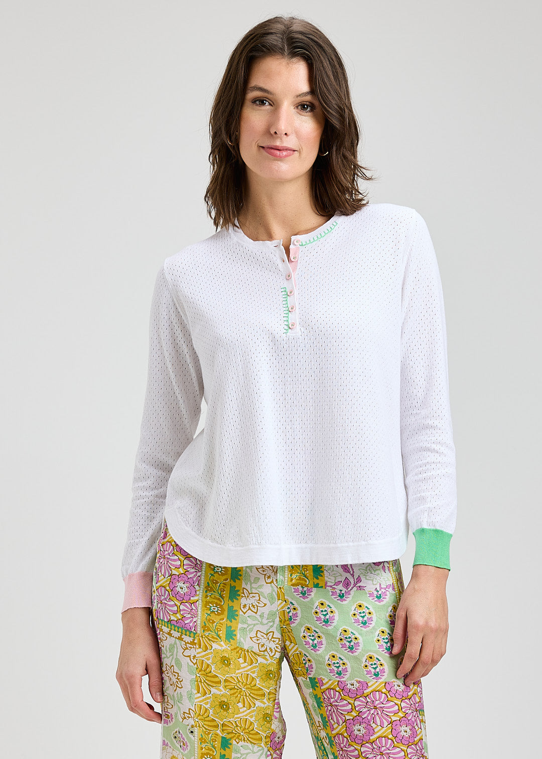 Woman Zaket & Plover Shirt Tails white long-sleeve top and colorful