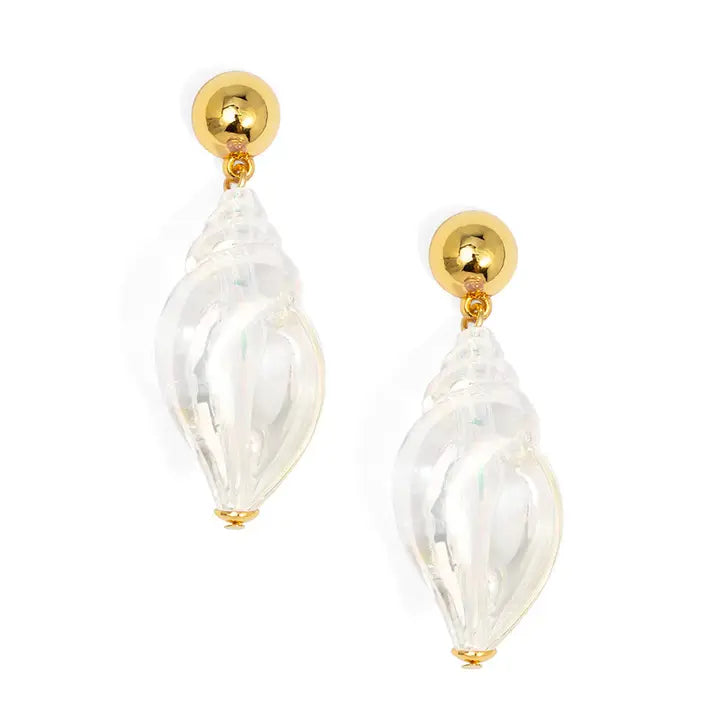Zenzii Iridescent Seashell Earring with gold tops and white, seashell -shaped drops