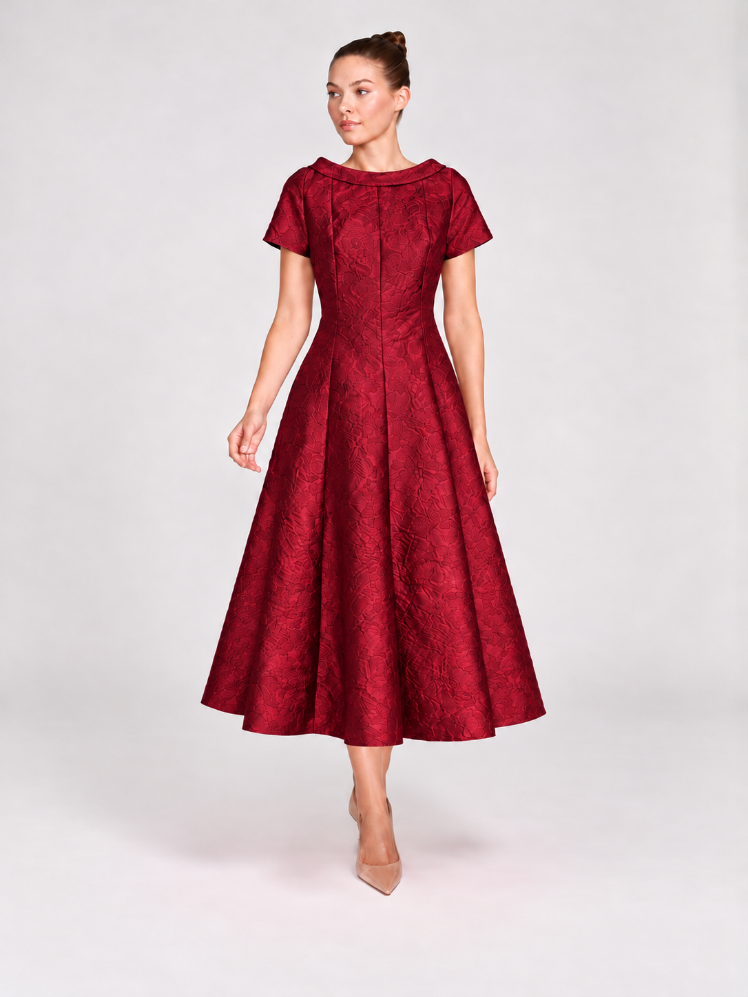 bigio Elegant Garnet Red Fit-and-Flare Midi Dress