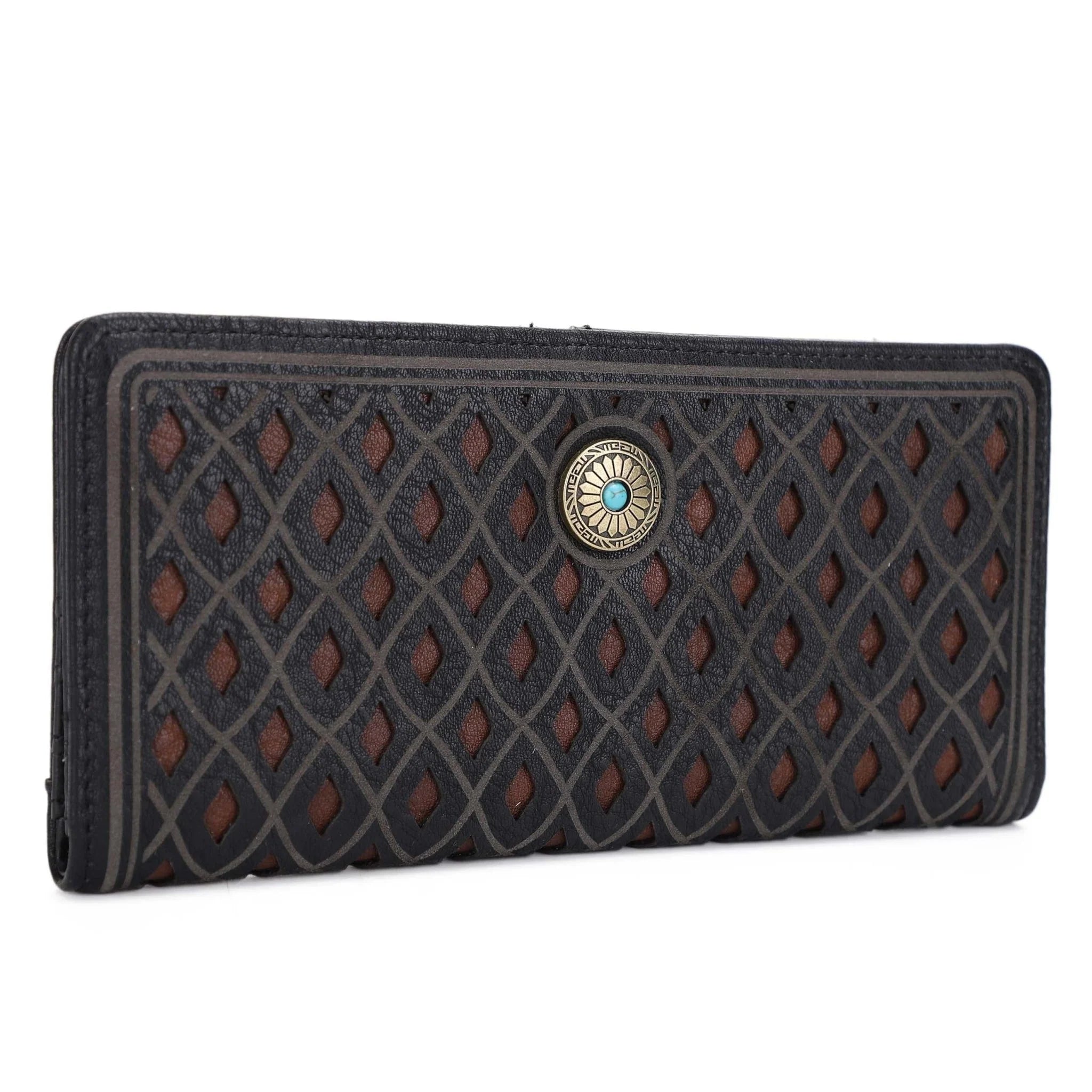 Black textured wallet with decorative button on a white background