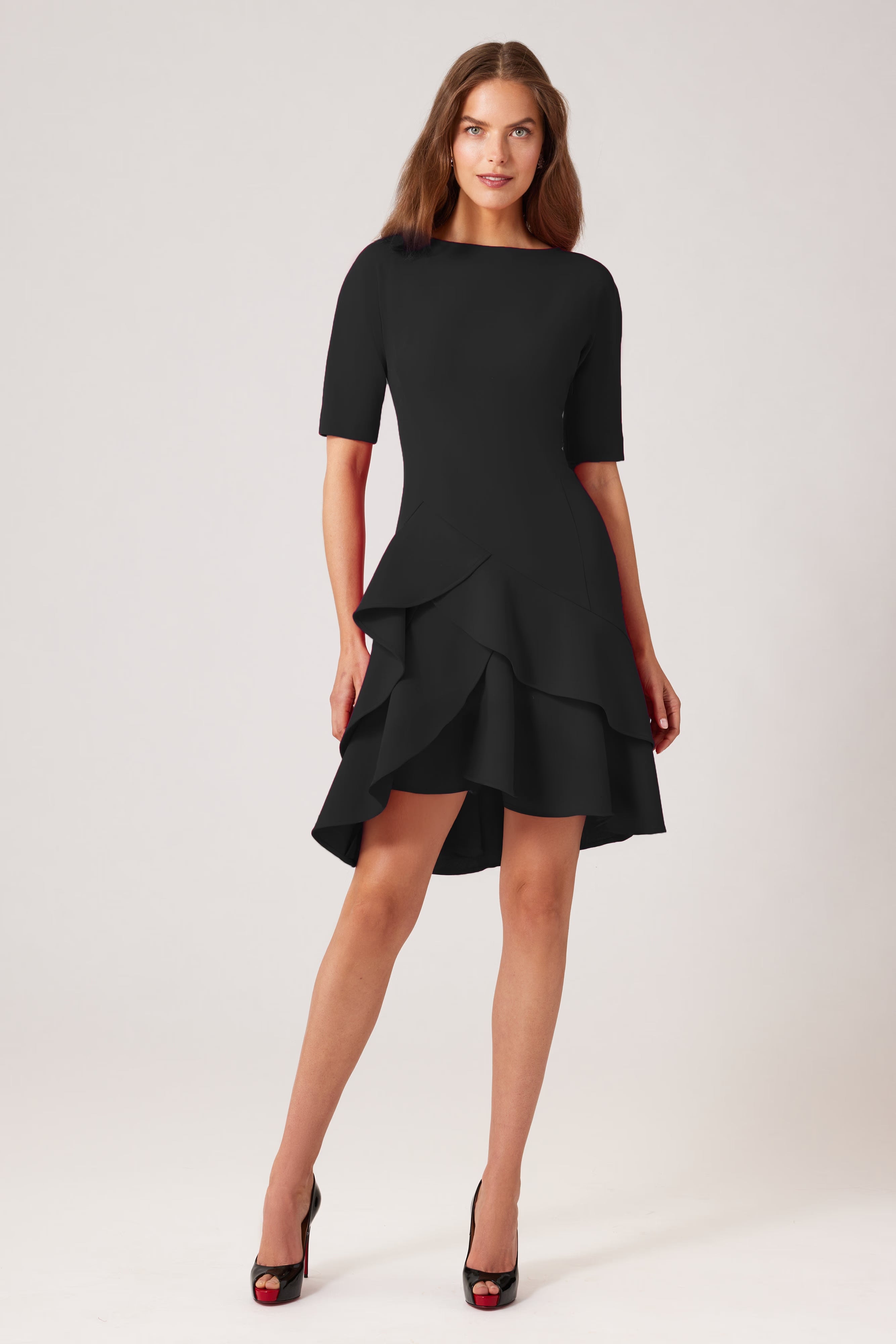 Teri Jon | Stretch Crepe Double Ruffle Hem Dress