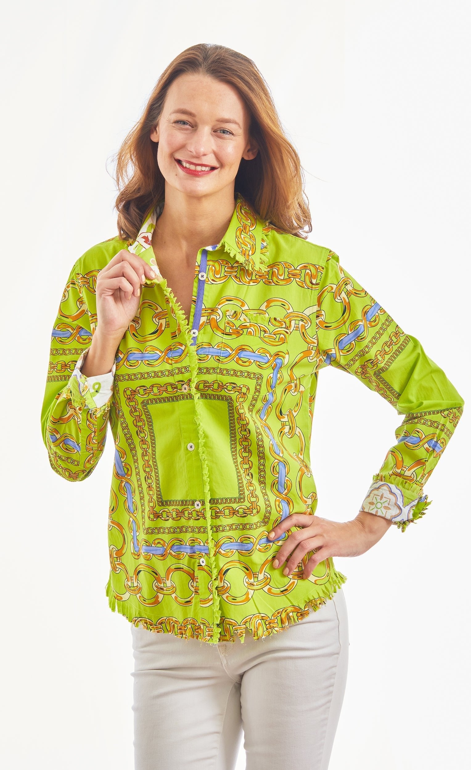 Dizzy Lizzie | Cape Cod Acid Green And Navy Links Cotton Stretch | Cloister Collection | TOPS
